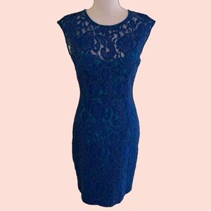 Saks 5th Avenue Black Label Cobalt Blue with Aqua Lining Sleeveless Lace Dress